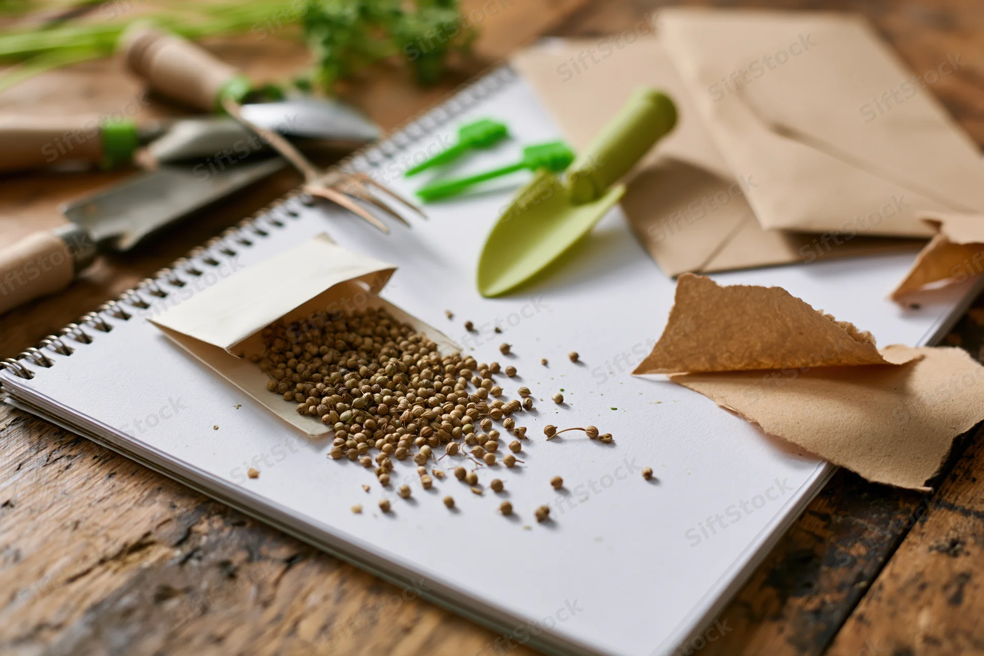 Open seed packet spilling coriander seeds onto a notebook on a wooden table with gardening tools nearby