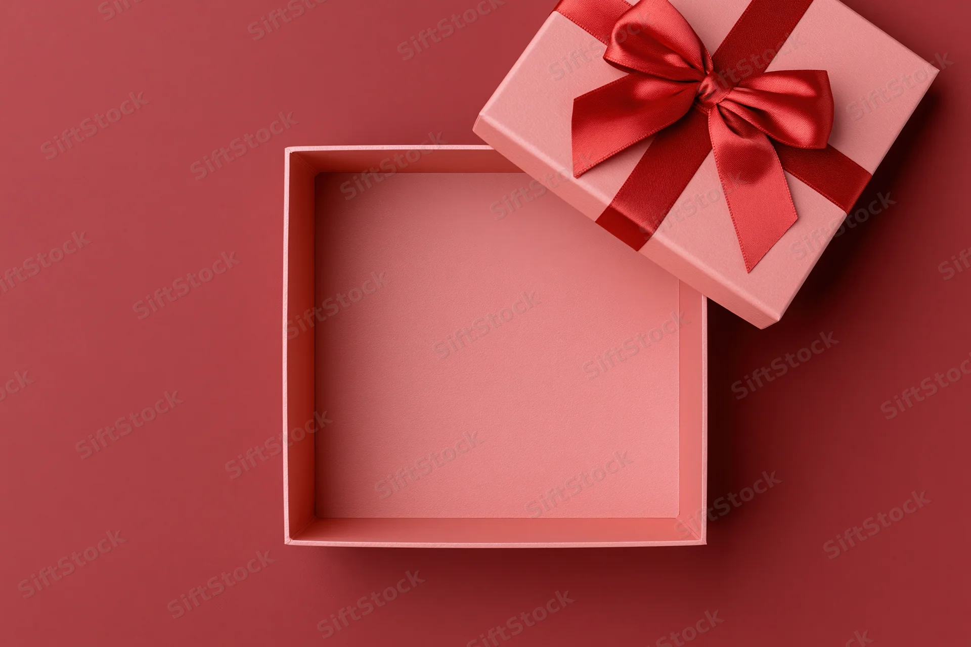 Open pink gift box with red satin bow on matching surface