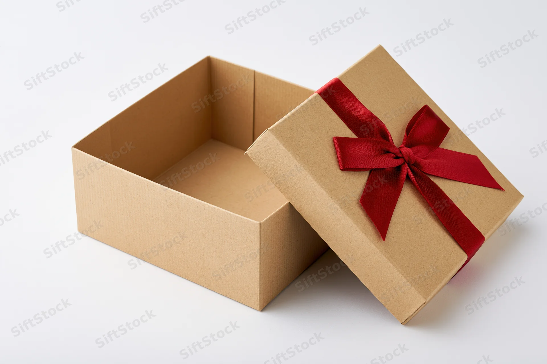 Open kraft cardboard gift box with red ribbon bow on white background