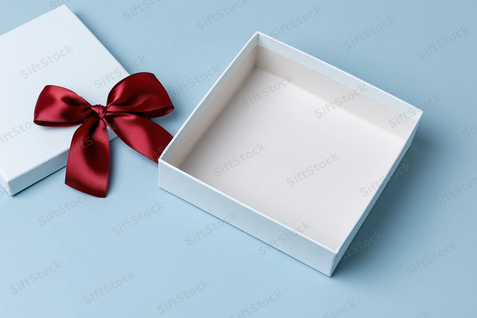 Open white gift box with red satin ribbon bow beside it on blue surface