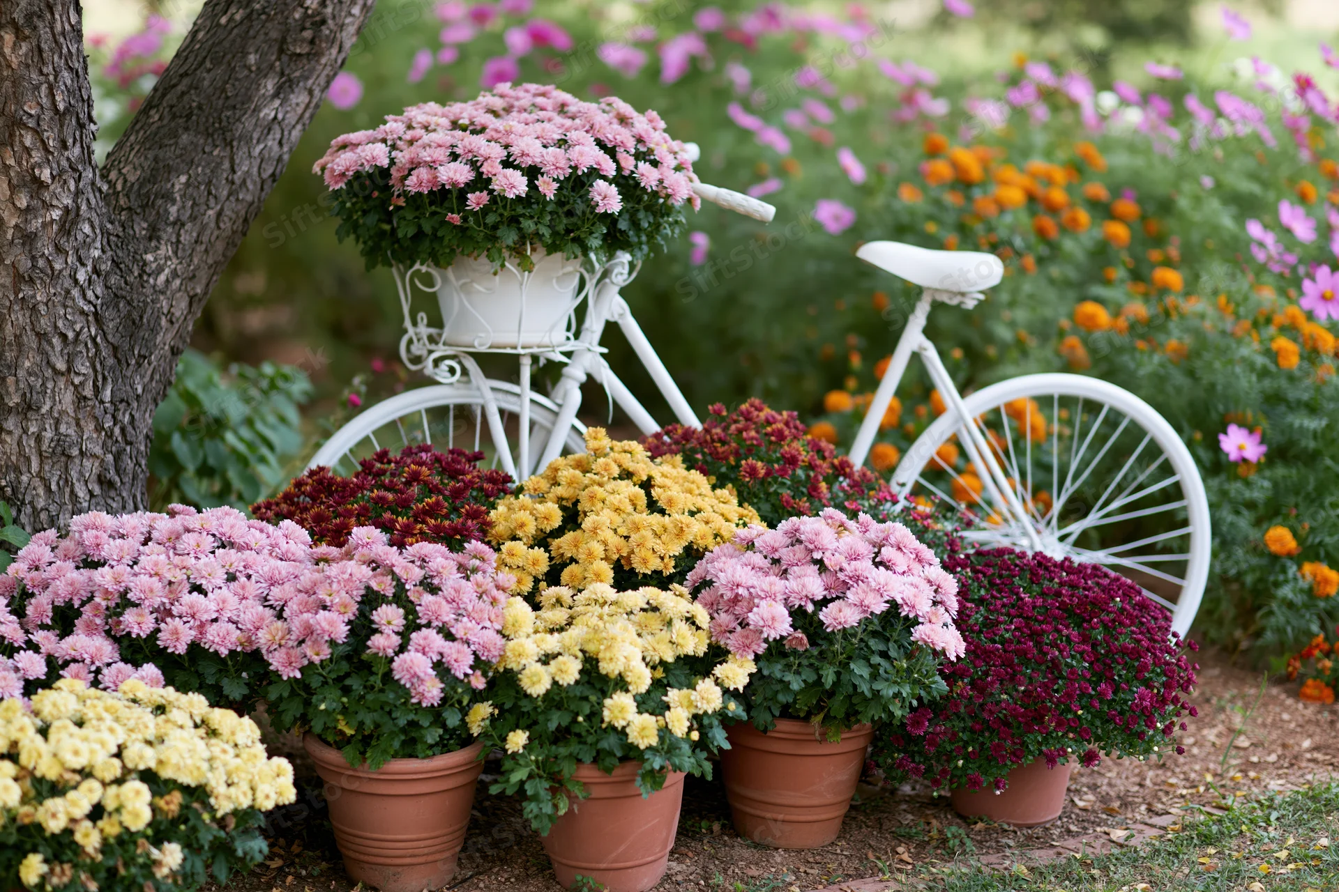 White wrought-iron bicycle planter surrounded by potted chrysanthemums in a garden setting