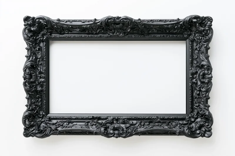 Ornate black baroque picture frame with intricate carvings and empty center against white background