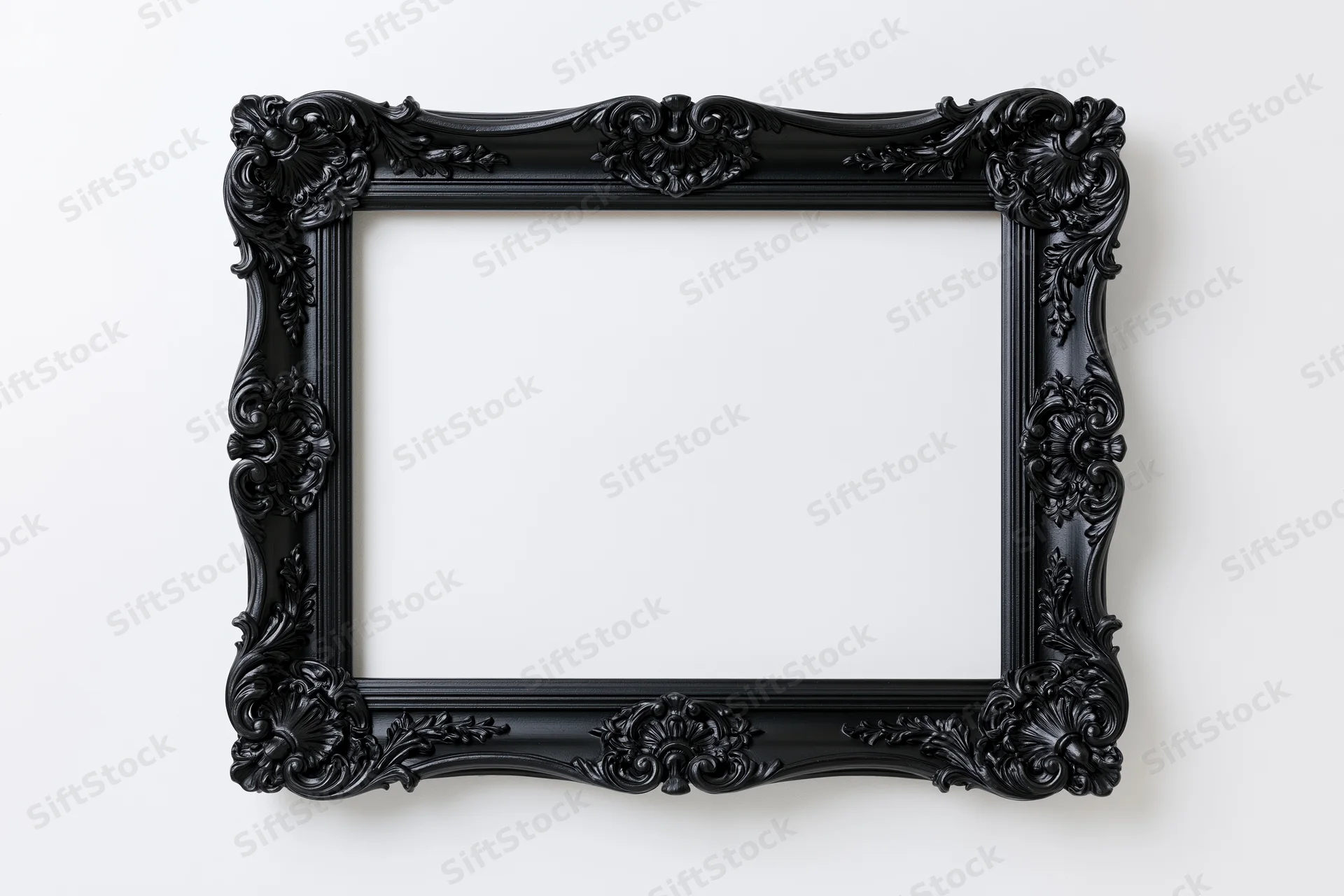 Ornate black baroque picture frame hanging flat against white wall with empty center for display