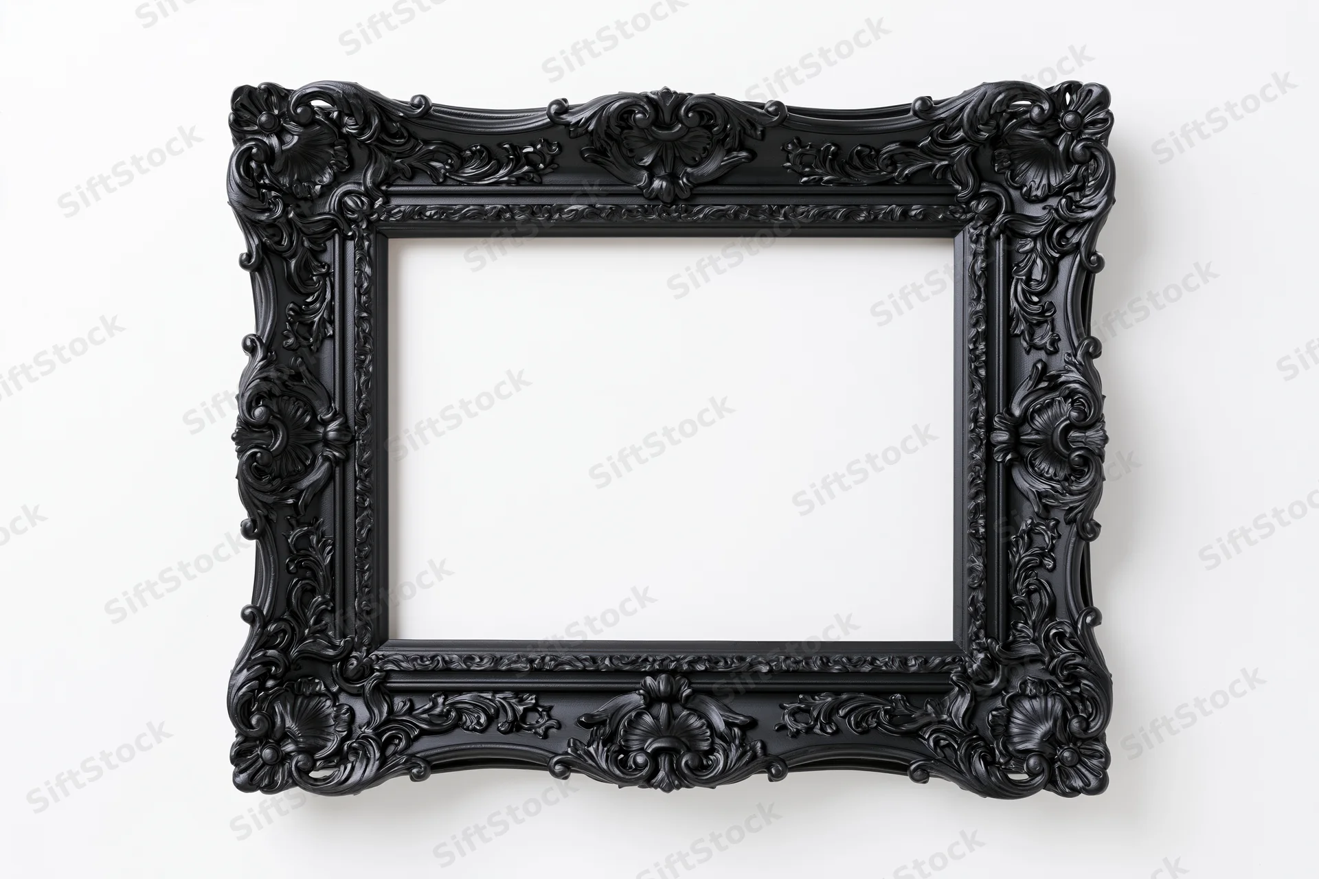 Ornate black baroque picture frame with intricate carvings and floral details, isolated on white background
