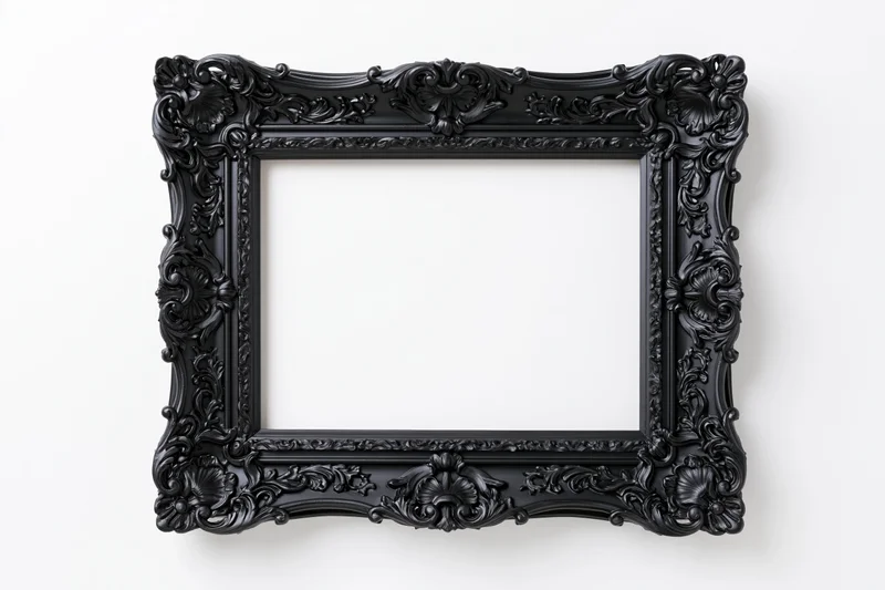 Ornate black baroque picture frame with intricate carvings and floral details, isolated on white background