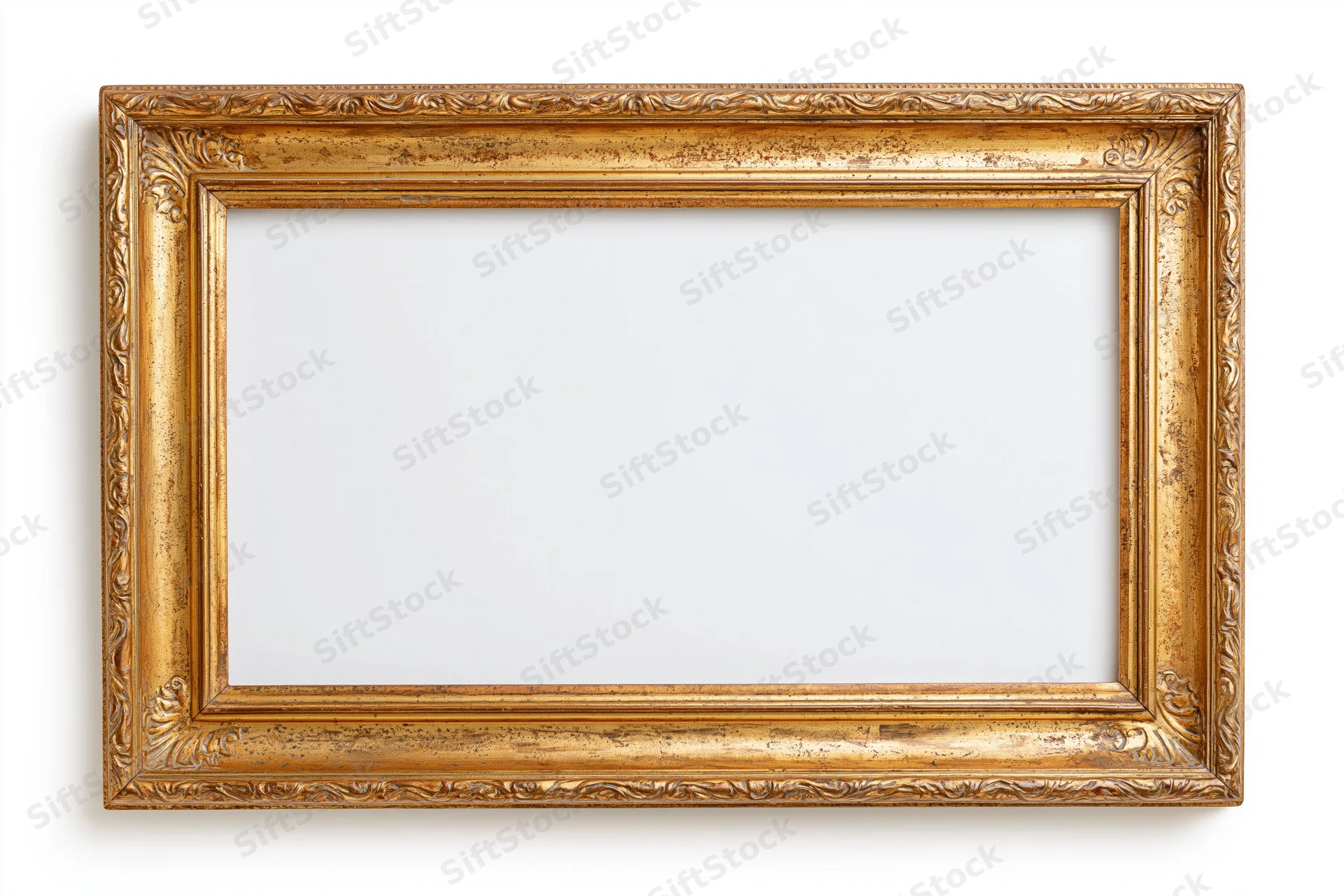 Ornate gold vintage frame with aged finish isolated on white background