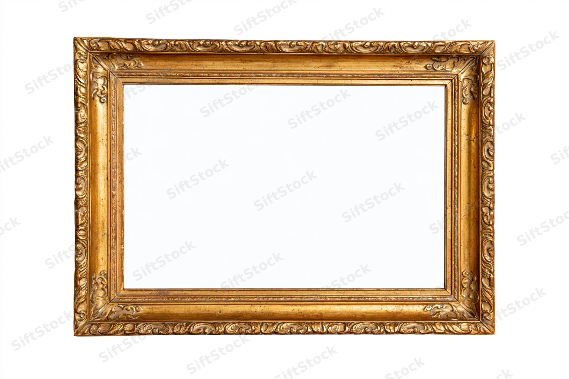 Ornate gold picture frame with carved details isolated on white background