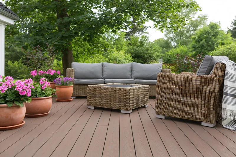 Wicker sofa and armchair with coffee table on a wooden deck surrounded by potted flowers and greenery