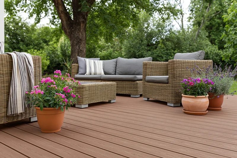 Wicker sofa and armchair set on a wooden deck surrounded by potted flowers and greenery