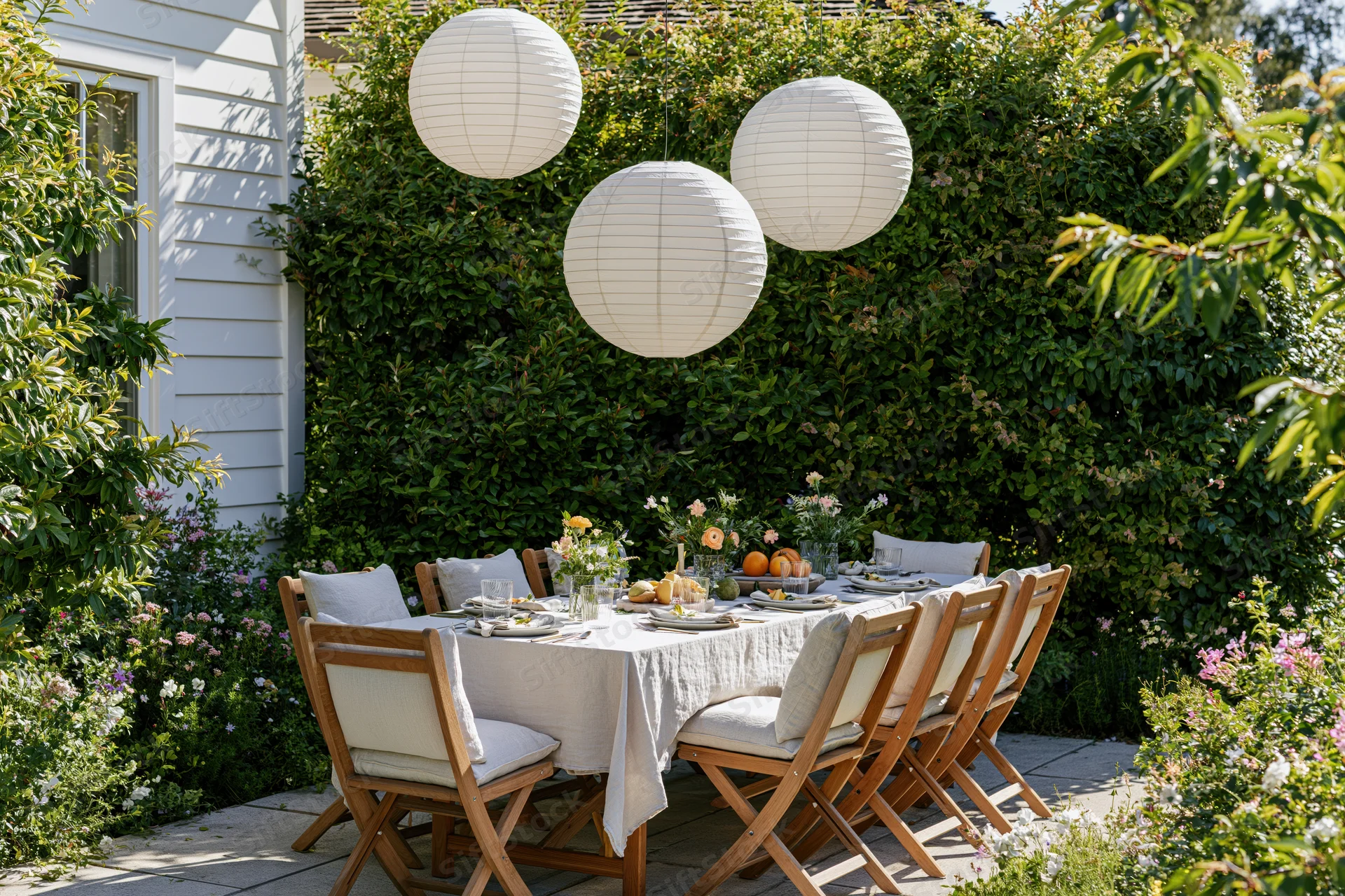 Dining table set for a meal in a lush garden surrounded by greenery and hanging lanterns