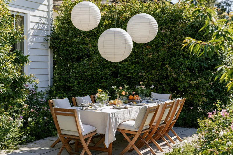 Dining table set for a meal in a lush garden surrounded by greenery and hanging lanterns