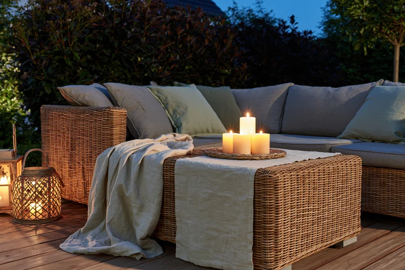 Wicker sectional sofa with candles and lanterns on a wooden deck at dusk