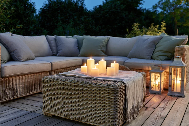Wicker sectional sofa with candles and lanterns on a wooden deck at dusk