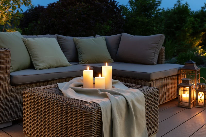 Wicker sectional sofa with lit candles and lanterns on a wooden deck at dusk