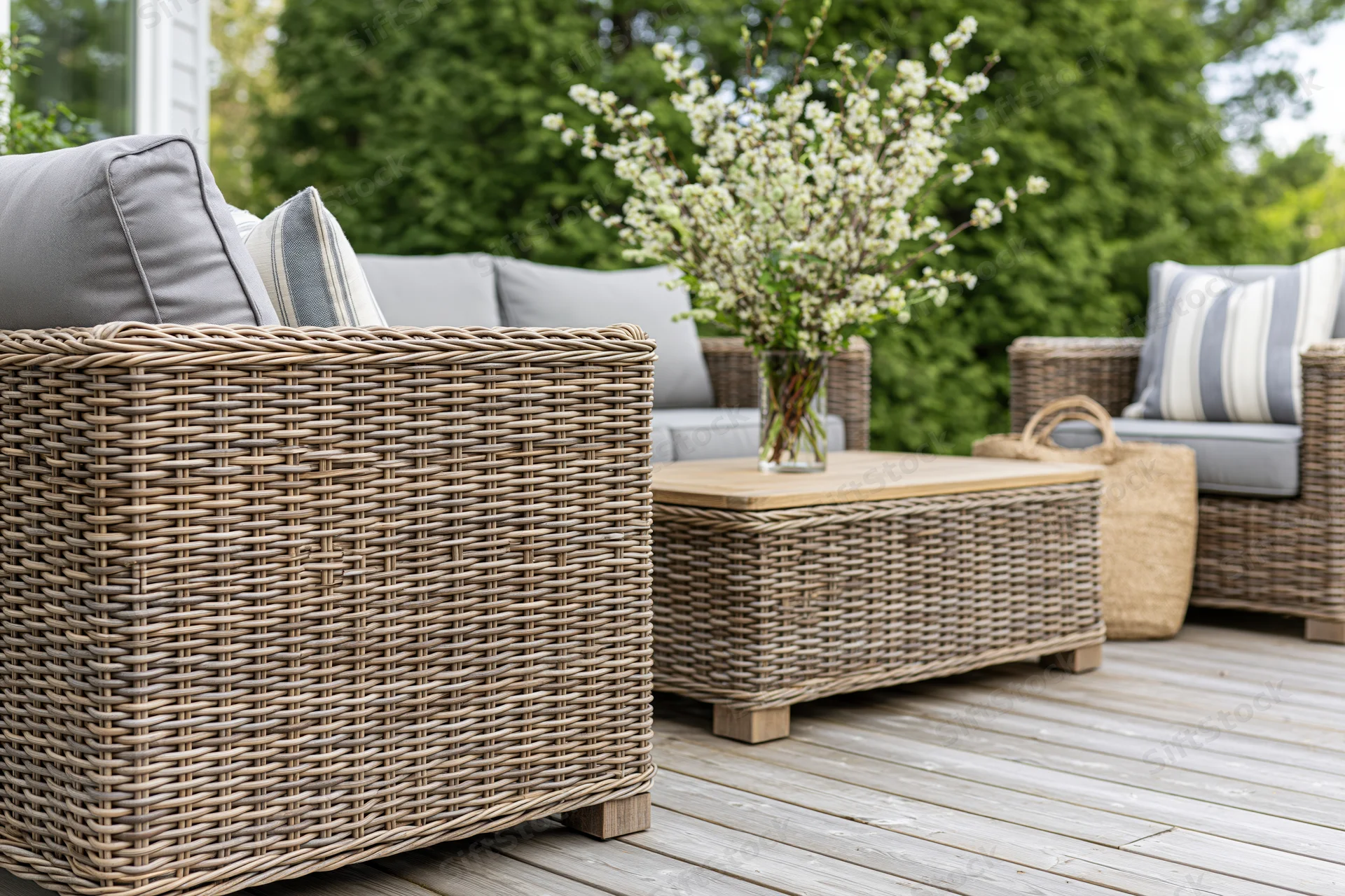 Wicker patio furniture set with cushions and floral arrangement on a wooden deck