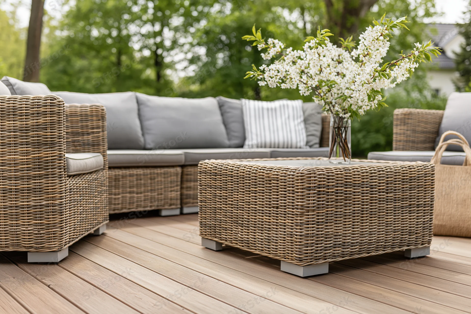 Wicker patio furniture set with cushions and floral arrangement on wooden deck