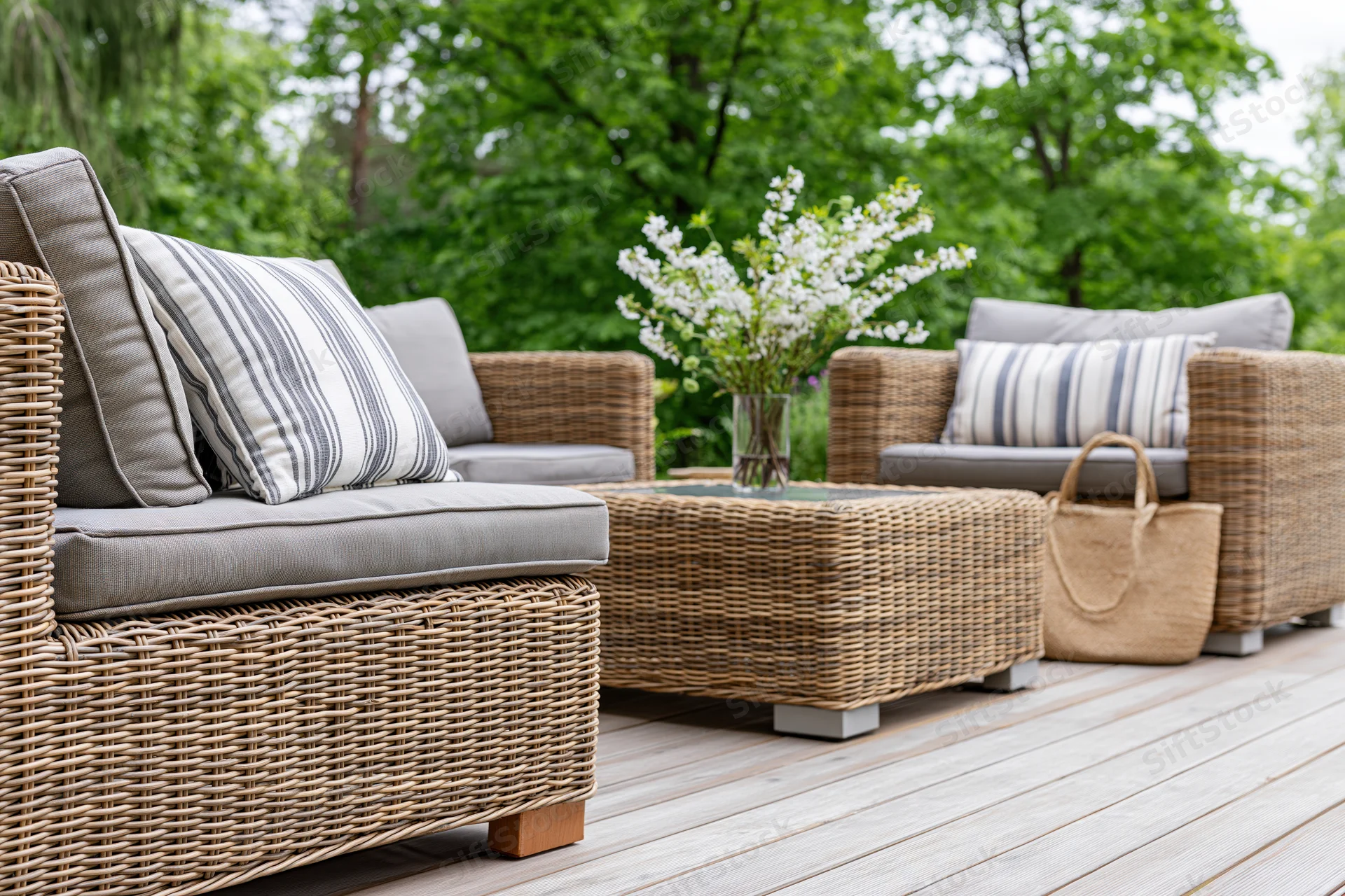Wicker patio furniture set with cushions and floral centerpiece on a wooden deck surrounded by greenery