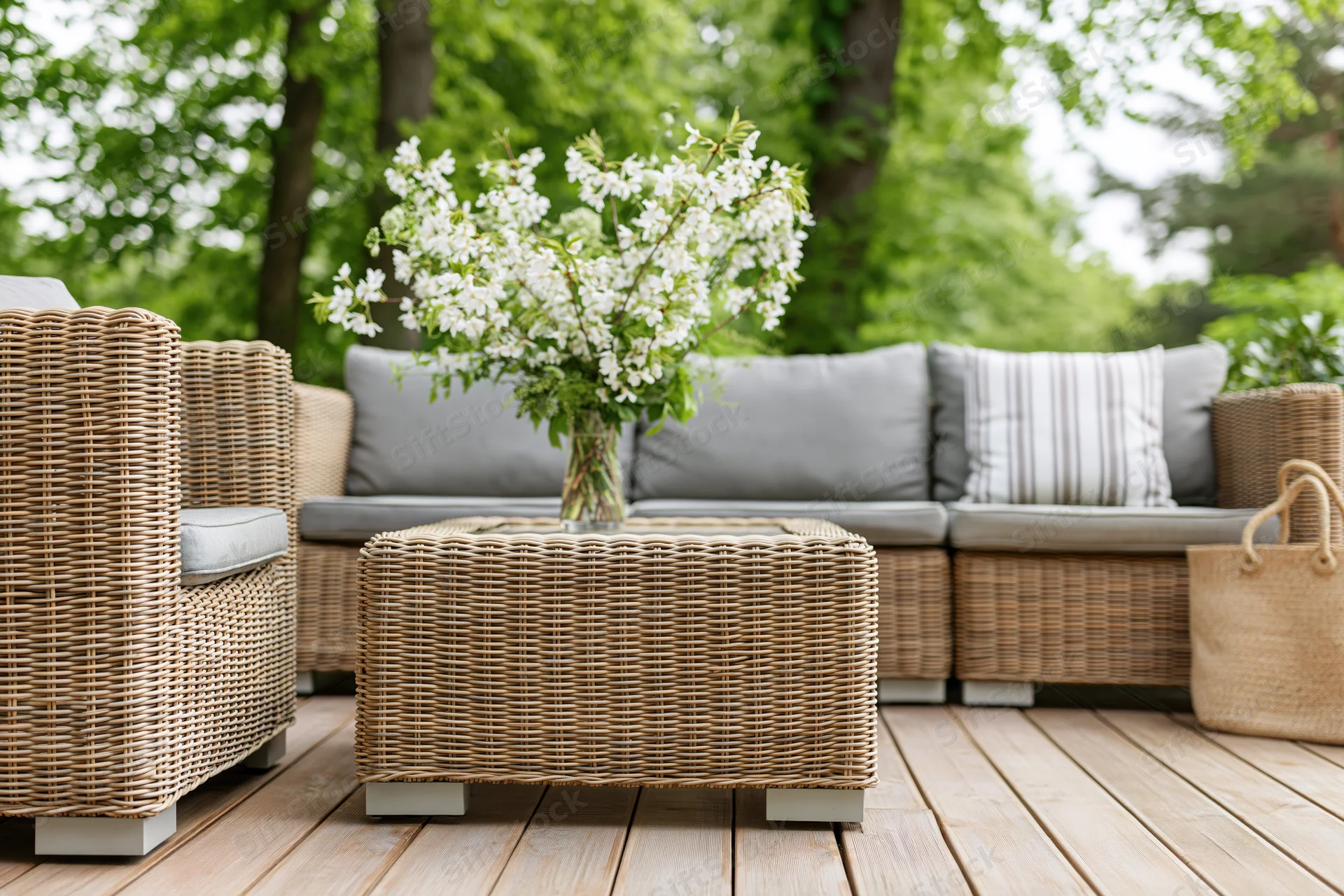 Wicker patio furniture set with cushions and flower vase on wooden deck surrounded by green trees