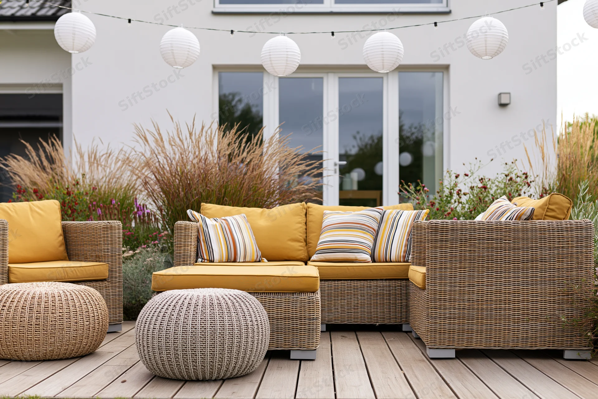 Wicker patio furniture with yellow cushions and string lanterns on a wooden deck surrounded by ornamental grasses and flowers