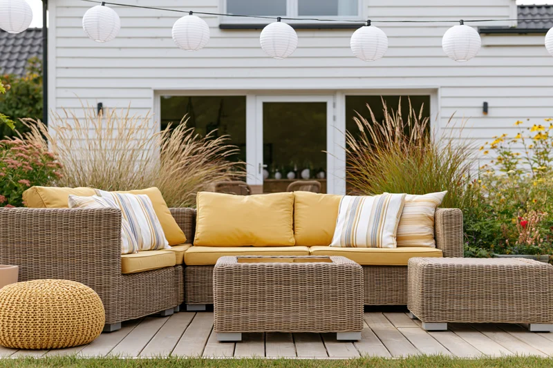 Wicker sectional sofa with yellow cushions and string lights on a wooden patio deck surrounded by ornamental grass and flowers