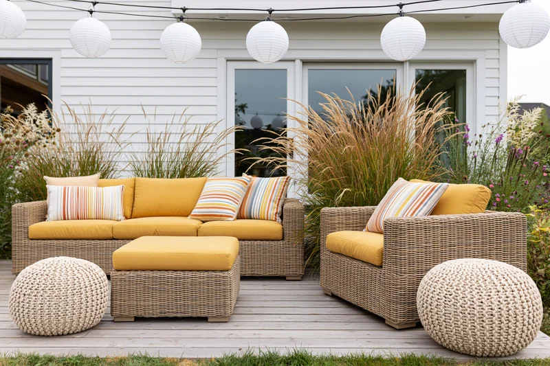 Wicker patio furniture with yellow cushions and string lanterns on a wooden deck surrounded by tall grasses and flowers