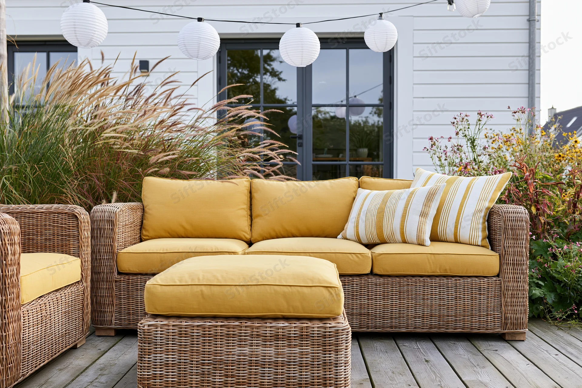 Wicker sofa and armchair with yellow cushions on a wooden deck surrounded by plants and string lanterns