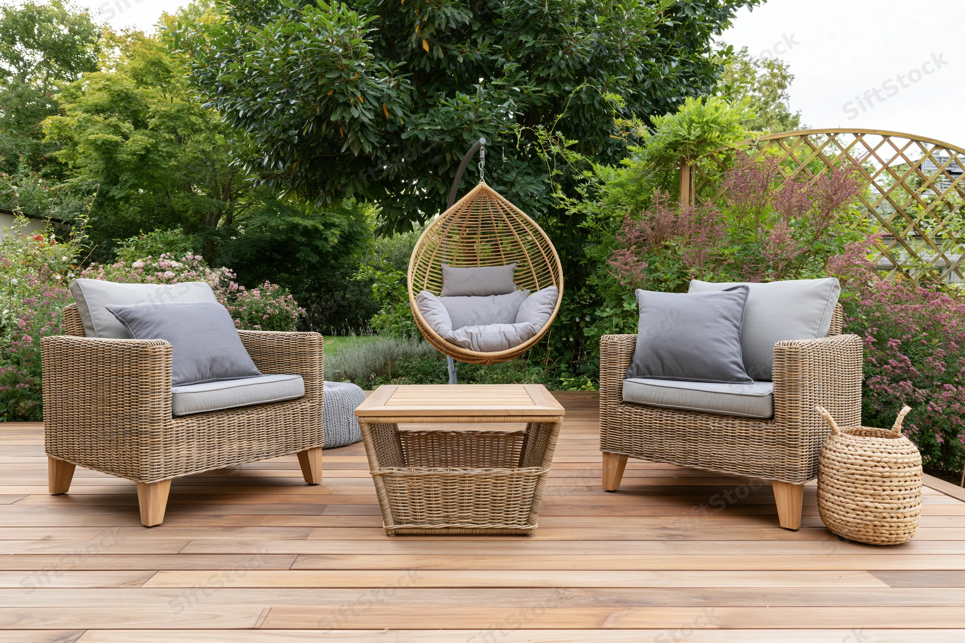 Wicker lounge chairs and hanging swing arranged on a wooden deck surrounded by greenery