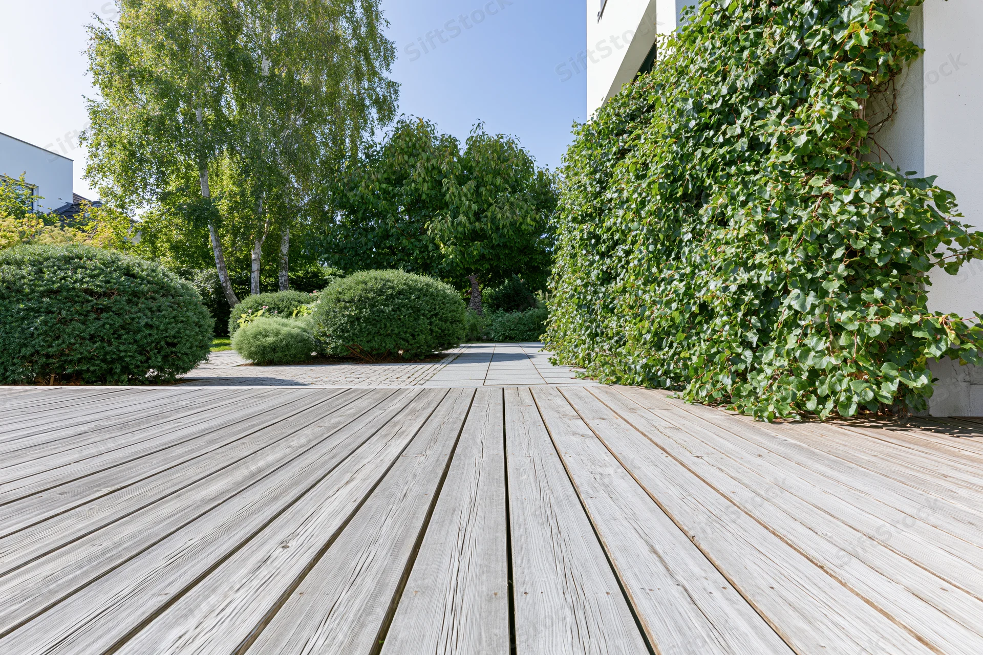 Wooden deck terrace leading to landscaped garden with shrubs and ivy-covered wall