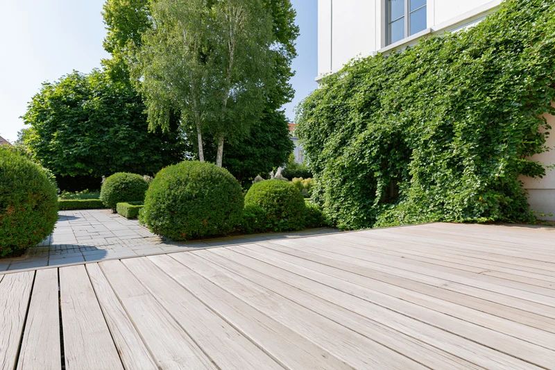 Wooden deck terrace leading to landscaped garden with shrubs and ivy-covered building exterior
