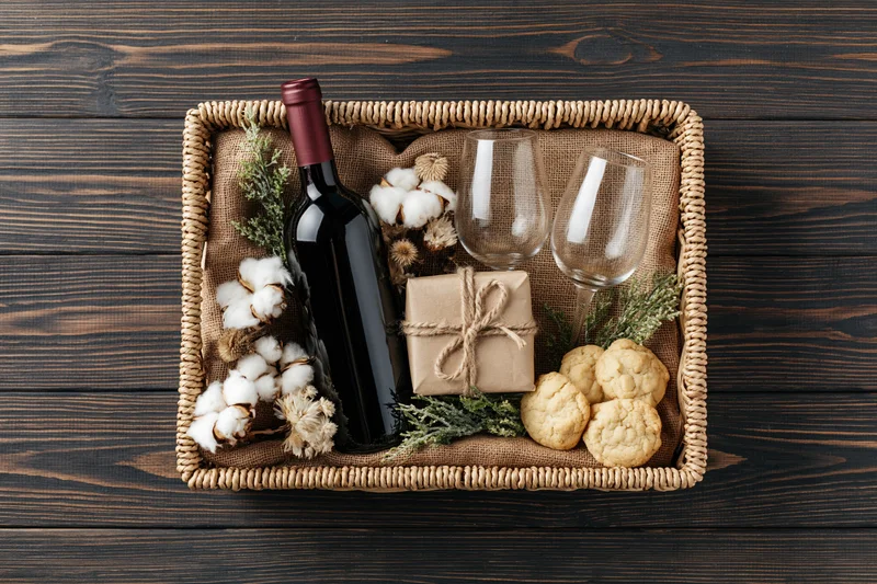 Overhead view of a wicker gift basket with wine, cookies, cotton, and herbs on a dark wooden table