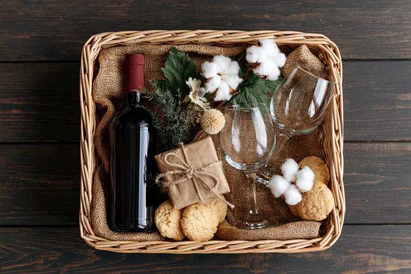 Overhead view of a wicker gift basket with wine, cookies, cotton, and foliage on a dark wooden table