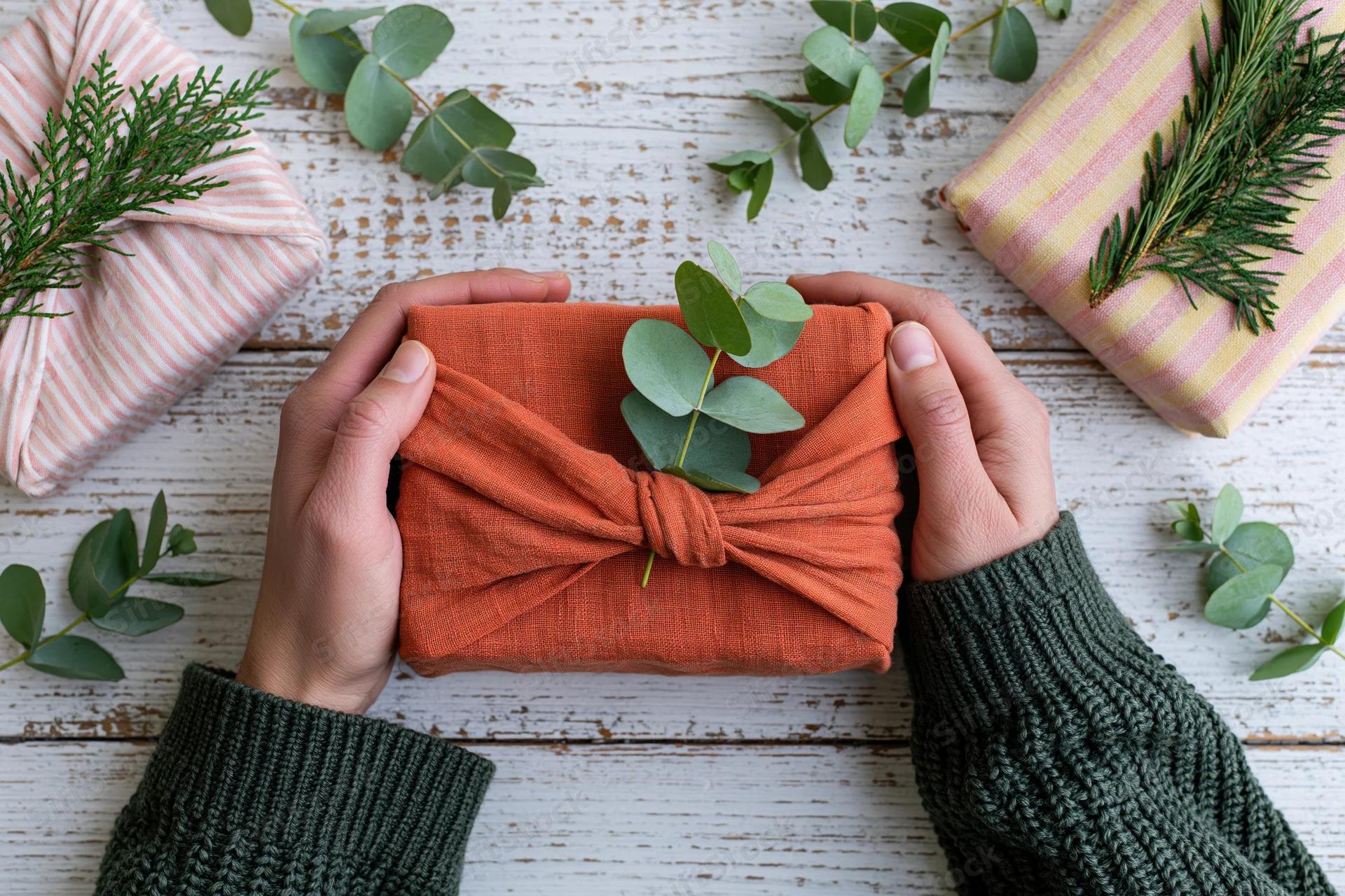 Hands holding a cloth-wrapped gift with eucalyptus sprig on a wooden table