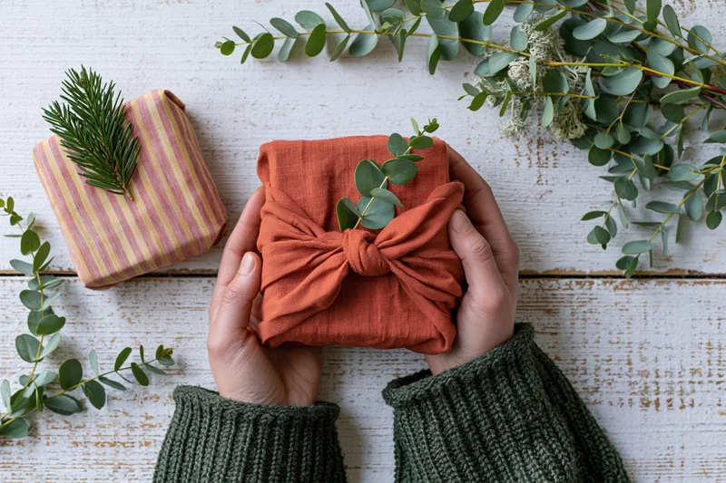 Hands holding a fabric-wrapped gift with eucalyptus sprig on a white wooden surface