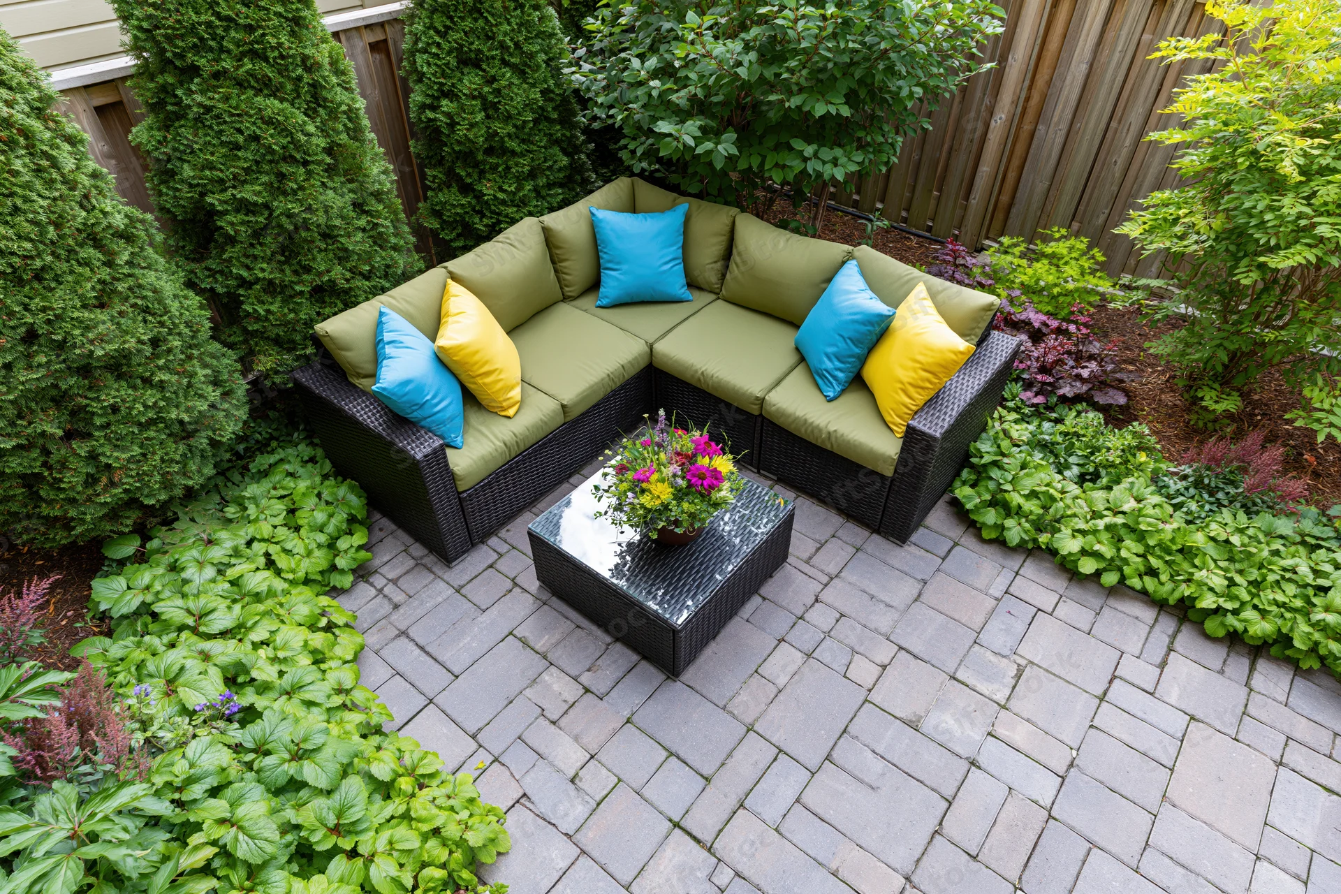 Overhead view of a dark wicker sectional sofa with colorful cushions on a brick patio surrounded by green shrubs and flowering plants in a small urban backyard