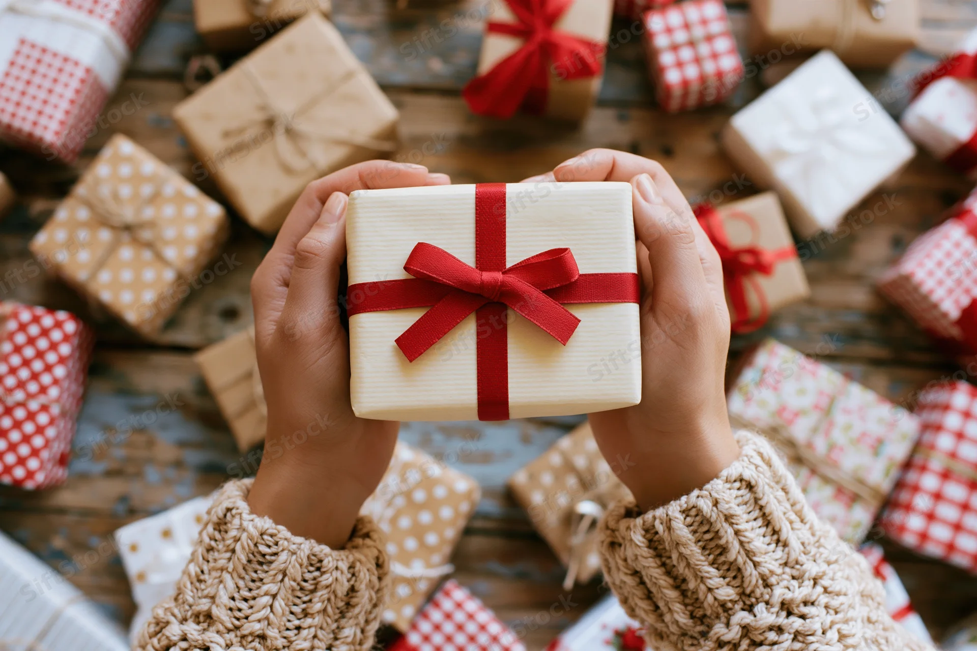 Hands holding a cream gift box with red ribbon over a wooden table surrounded by wrapped presents