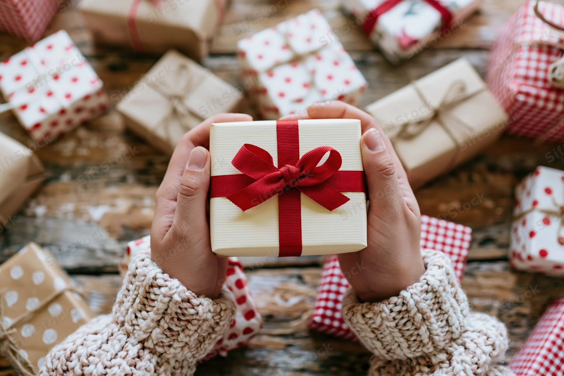 Hands holding a cream gift box with red ribbon over a wooden table surrounded by wrapped presents