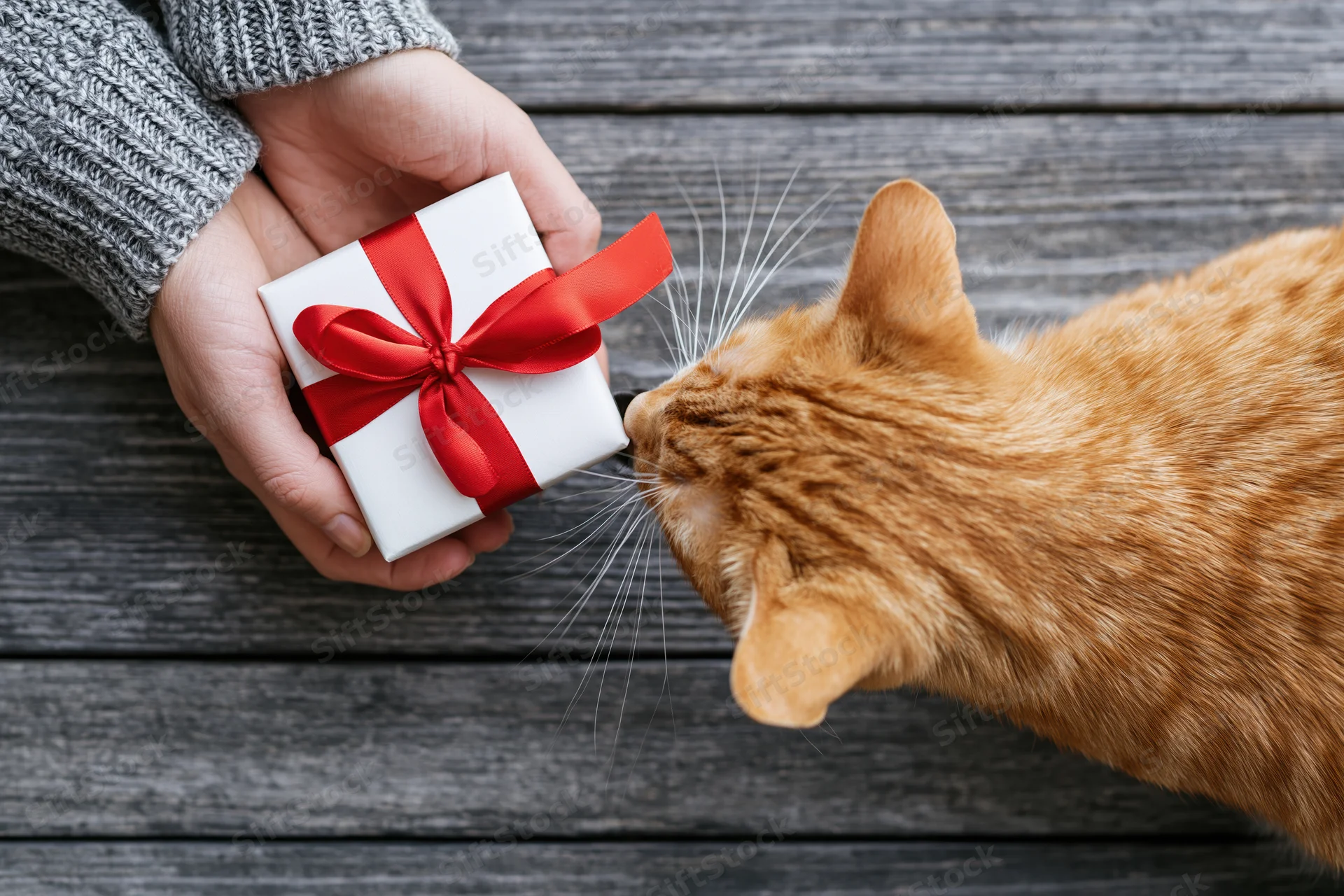 Ginger cat sniffing a small white gift box held by hands in a grey knit sweater on a wooden surface