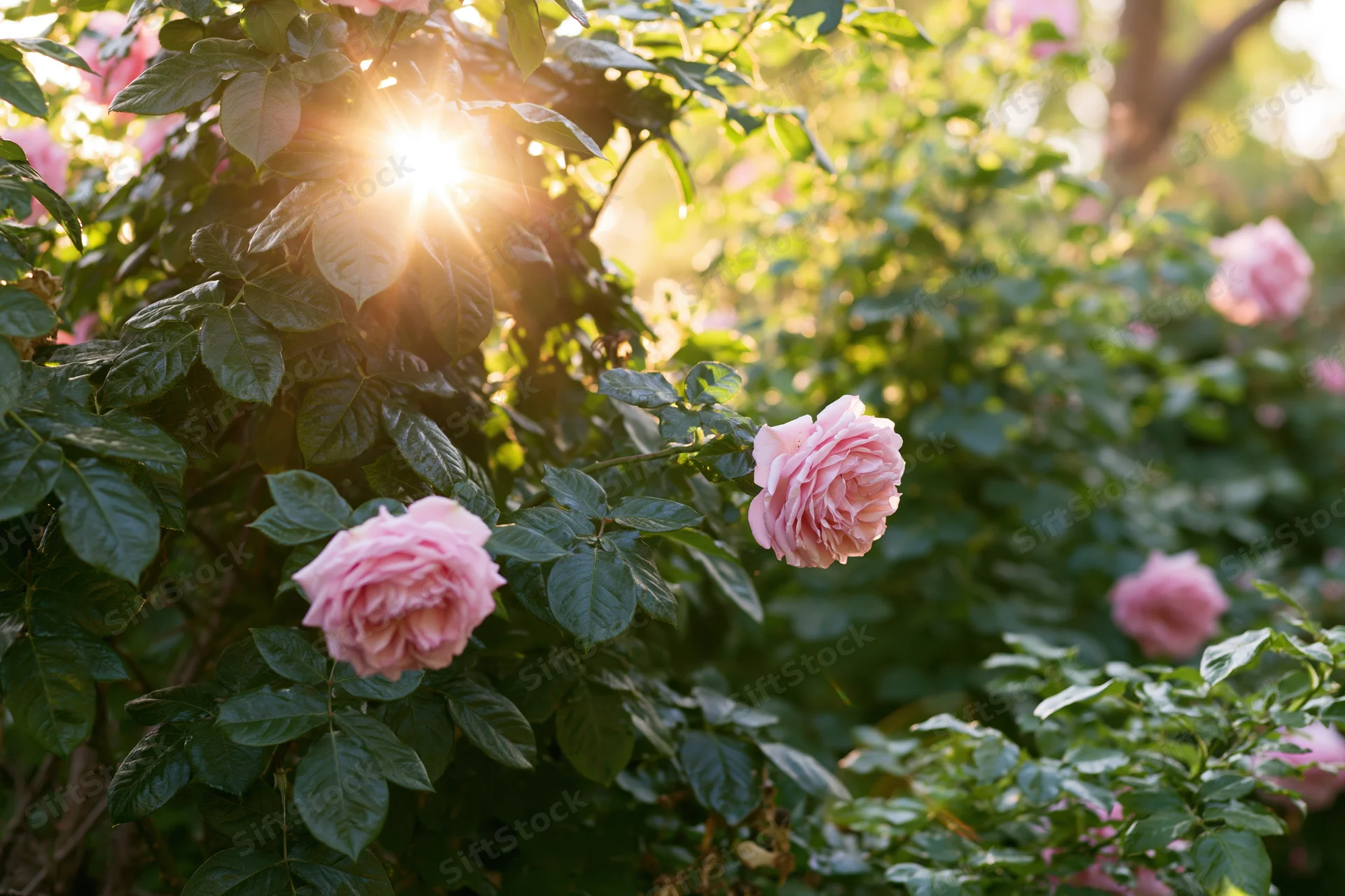 Pink garden roses in full bloom among dense green foliage with sunlight filtering through leaves