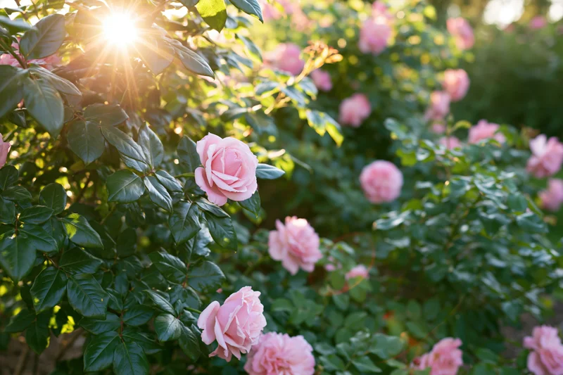 Pink roses in full bloom among dense green foliage with sunlight filtering through leaves in a garden