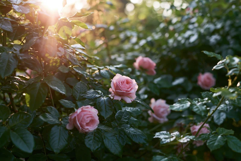 Pink roses in full bloom among dense green foliage with sunlight filtering through leaves