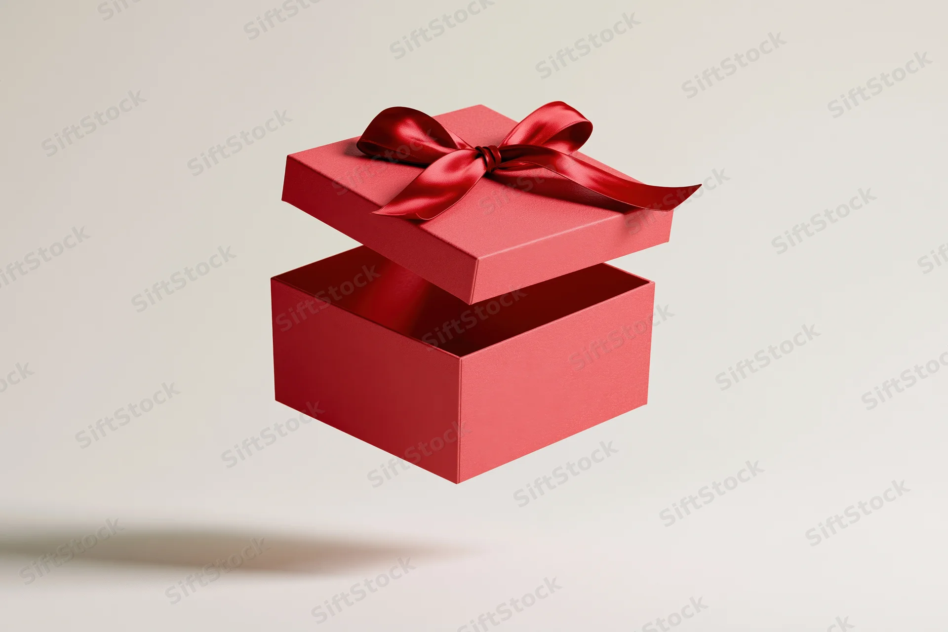 Red gift box with lid floating upward and satin bow on white background