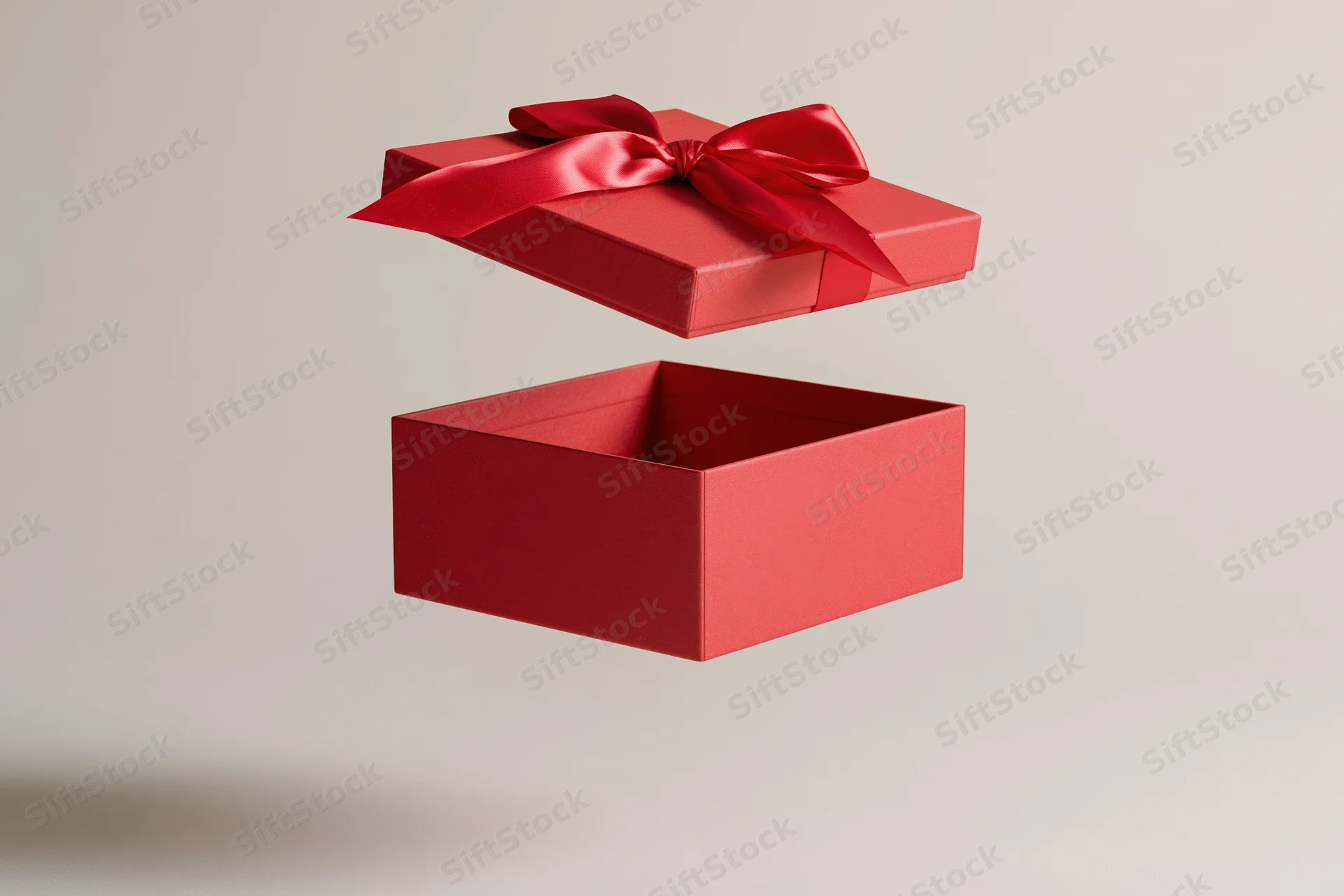 Red gift box with lid floating upward mid-air tied with red satin bow