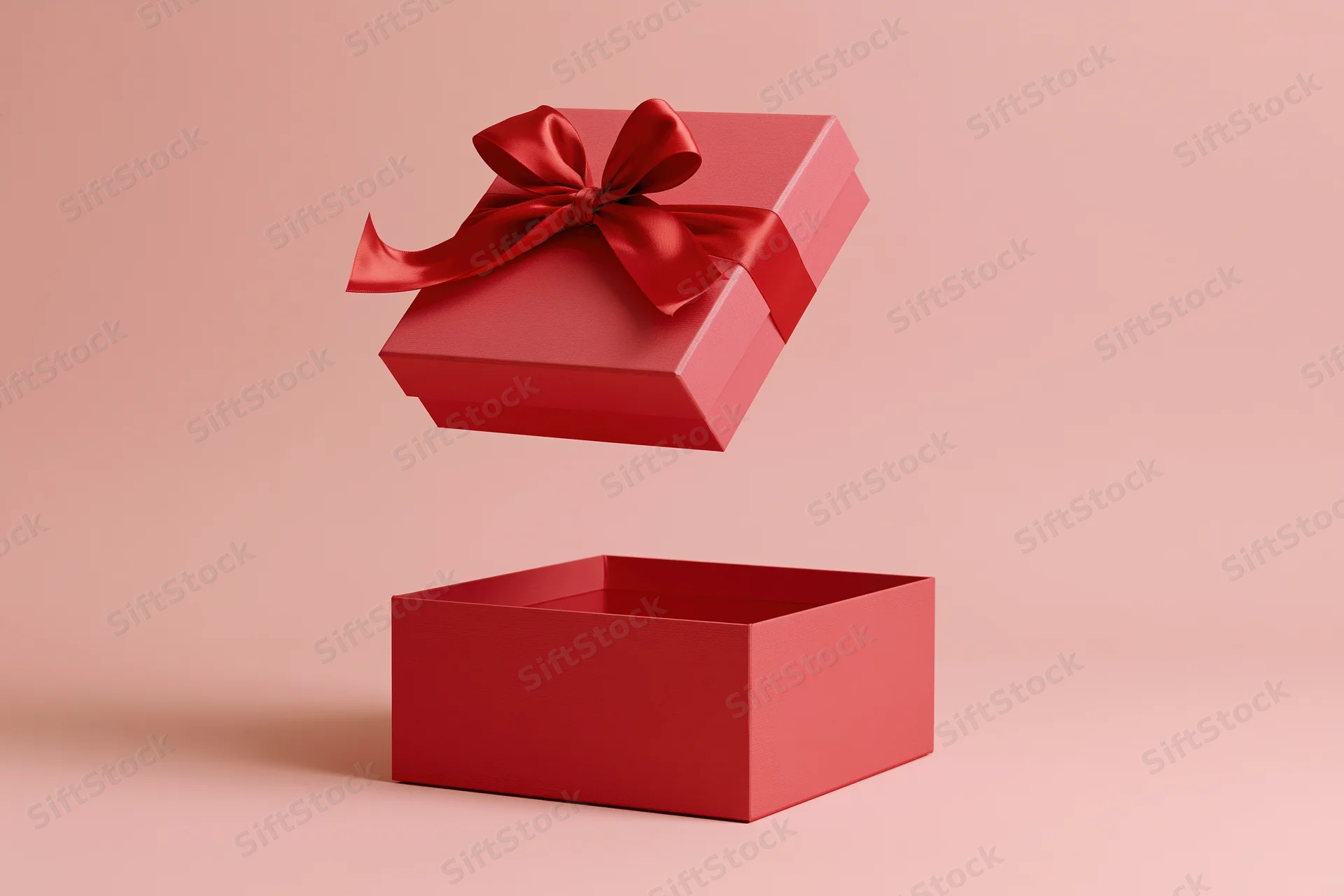 Red gift box lid floating midair with satin bow above open base on pink background