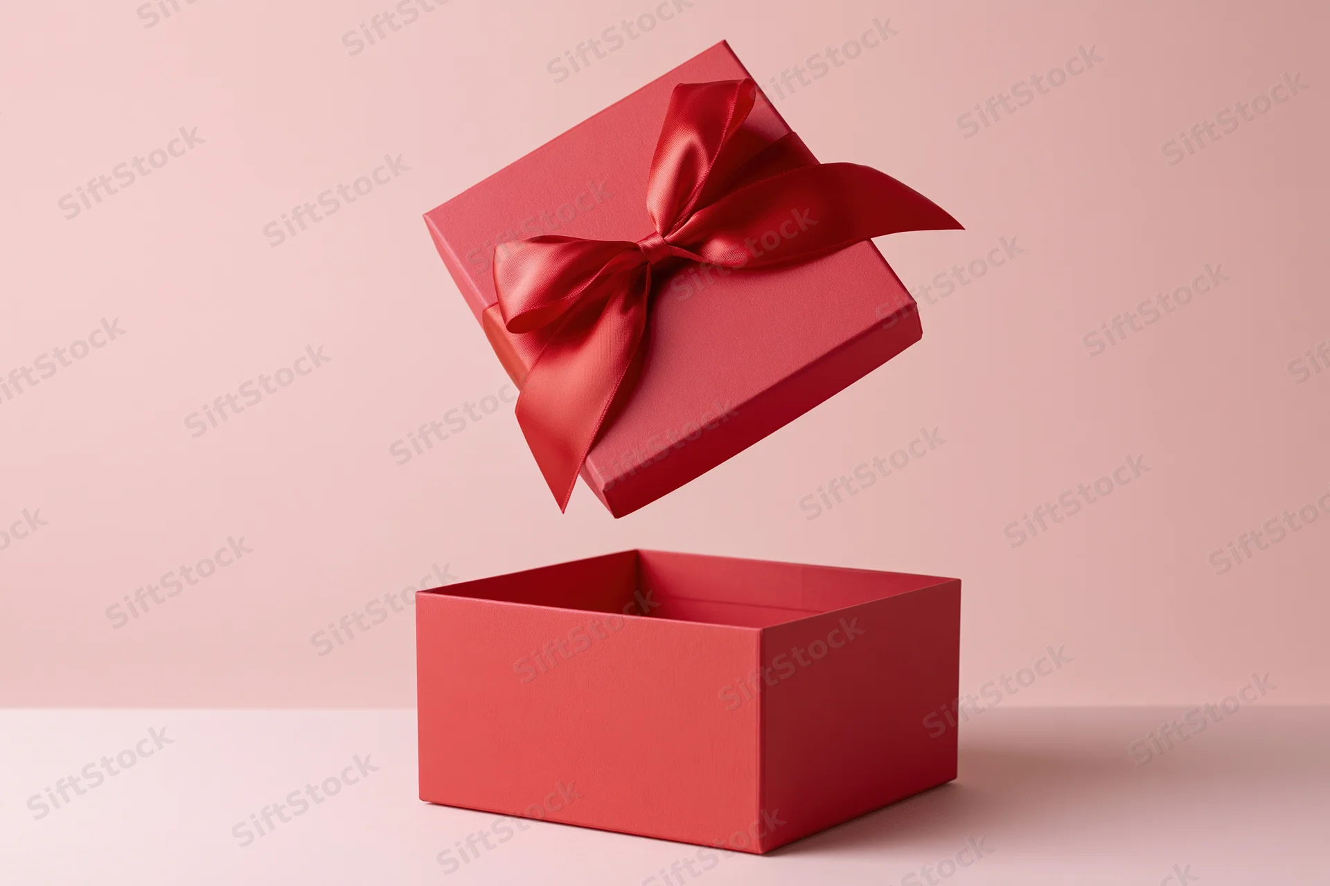 Red gift box lid floating midair with satin bow above open base on soft pink background