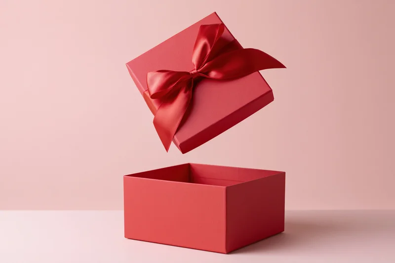 Red gift box lid floating midair with satin bow above open base on soft pink background