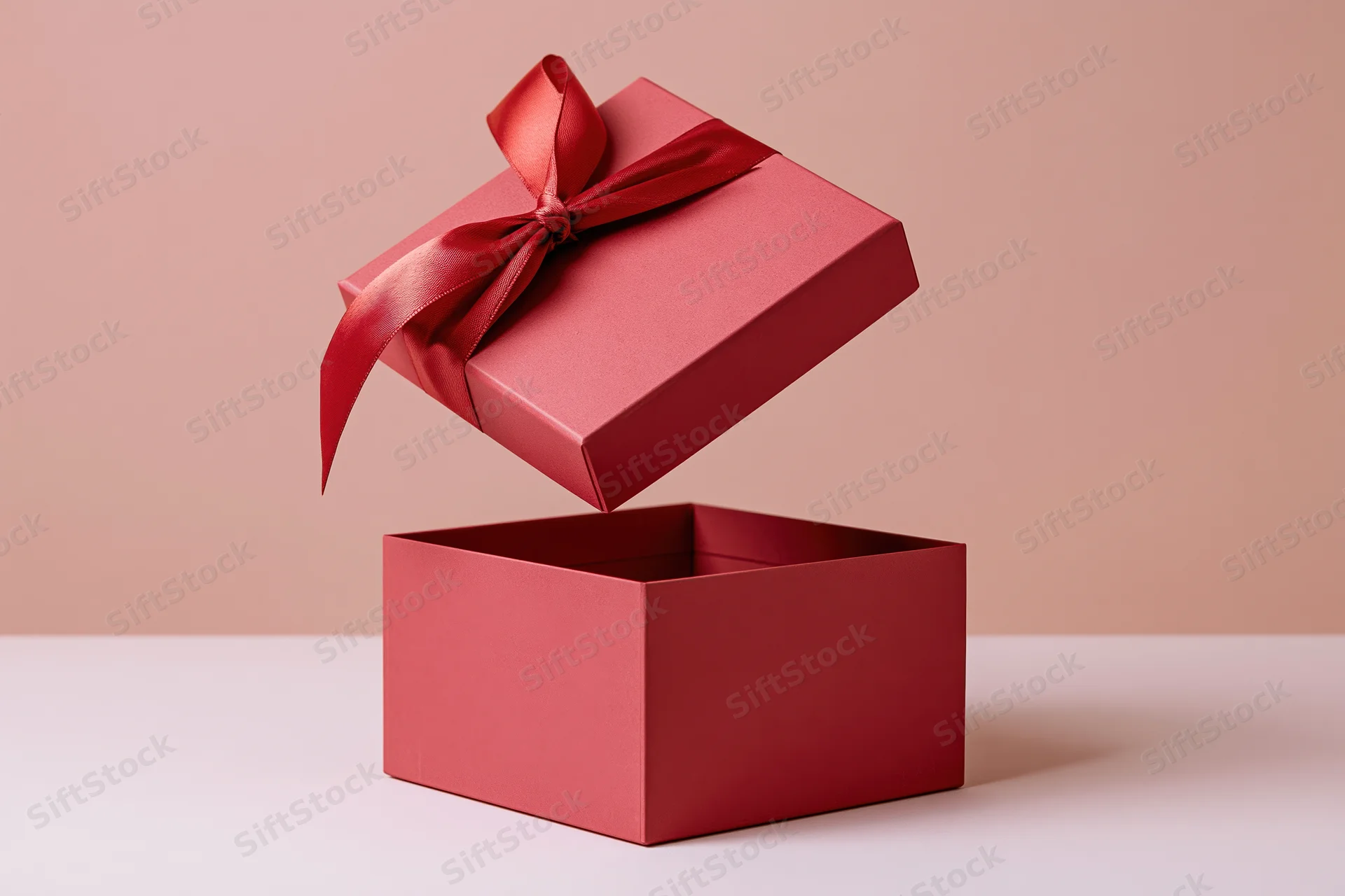 Red gift box with lid floating midair and satin bow attached, open on white surface against pink background
