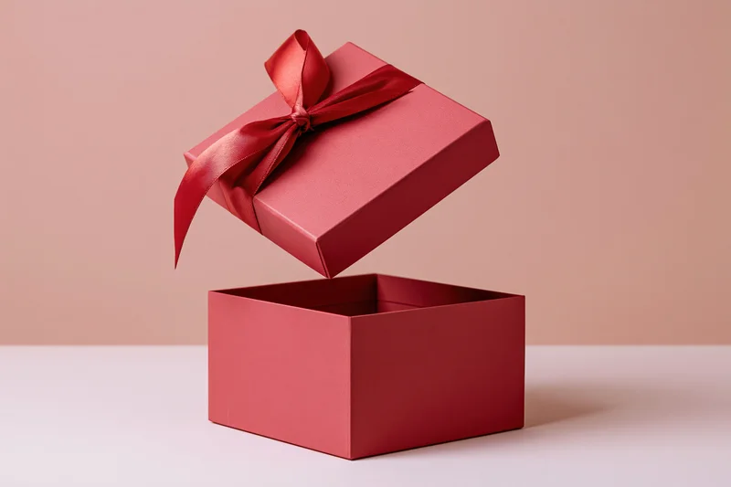 Red gift box with lid floating midair and satin bow attached, open on white surface against pink background