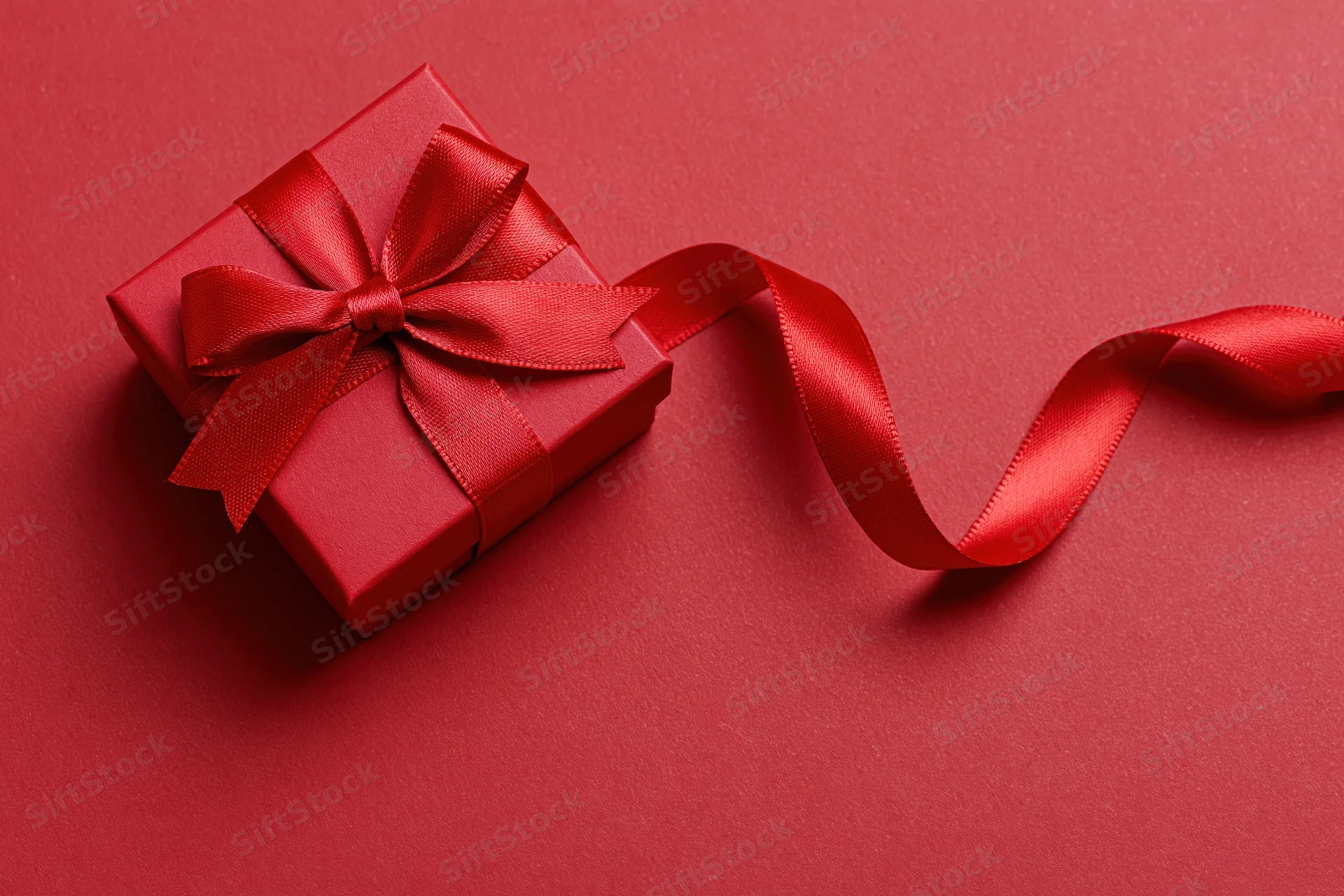 Red gift box wrapped in satin ribbon tied into a bow on a red surface with trailing ribbon and copyspace