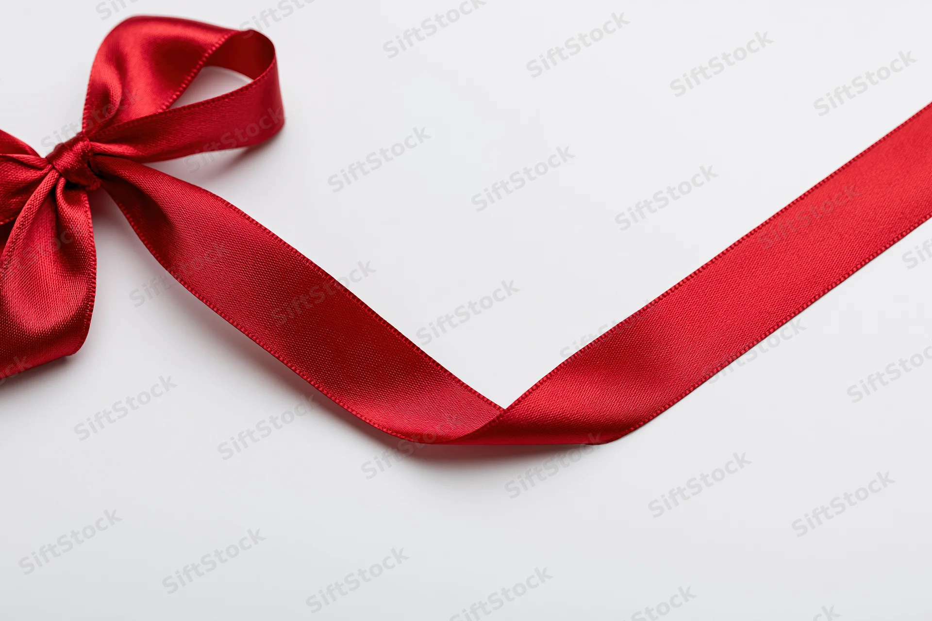 Red satin ribbon tied in a bow running diagonally across a white background