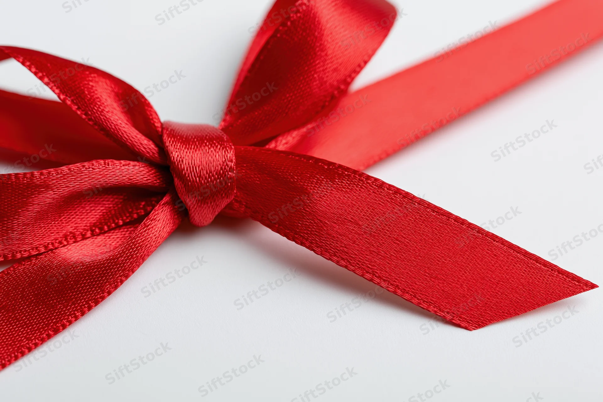 Red satin ribbon tied in a bow on white background